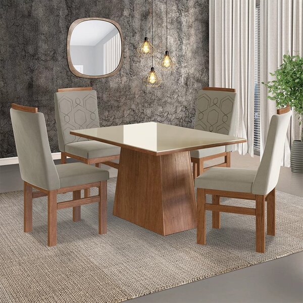 Conjunto Mesa 120x82cm E 4 Cadeiras Madeira Maciça Canela/off
