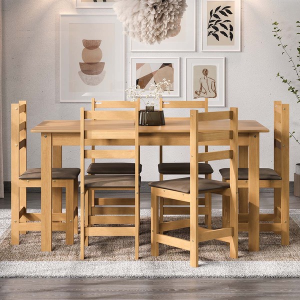 Conjunto Mesa 154cm Com 6 Cadeiras Tecido Chocolate Madeira P