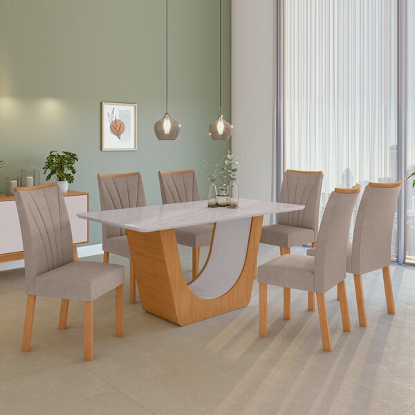 Conjunto Mesa 170cm Atla Com Vidro E 6 Cadeiras Apogeu Amêndo