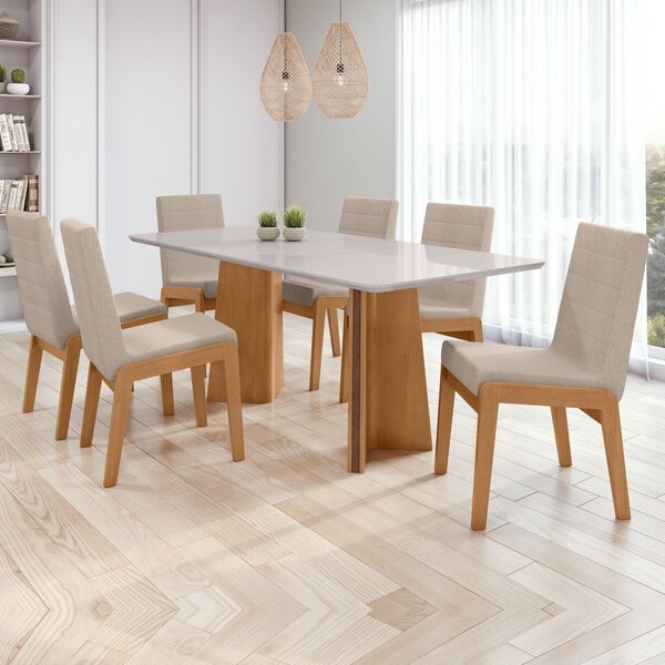 Conjunto Mesa 170cm Celina Com Vidro E 6 Cadeiras Atla Amêndo