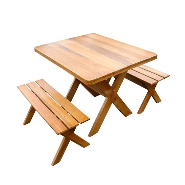 Conjunto Mesa 1m E 2 Bancos Sem Encosto Madeira Maciça Eucali
