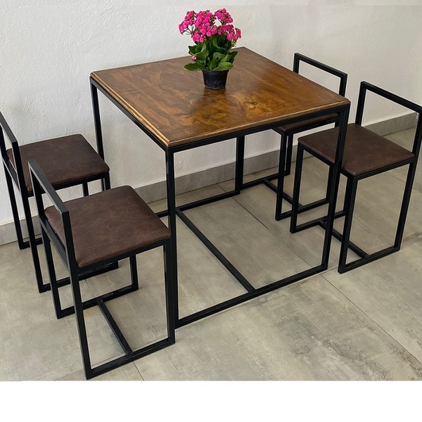 Conjunto Mesa 4 Cadeiras Pequena Estofado Marrom Industrial W