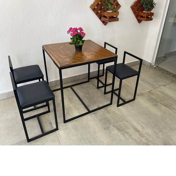 Conjunto Mesa 4 Cadeiras Pequena Estofado Preto Industrial Wo