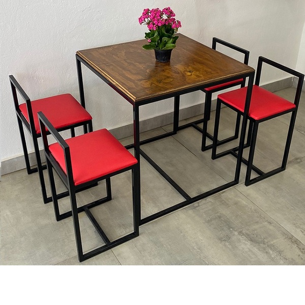 Conjunto Mesa 4 Cadeiras Pequena Estofado Vermelho Industrial