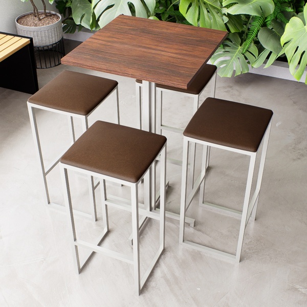 Conjunto Mesa Alta Bar Bistrô Quadrada Imbuia 4 Bancos Estofa