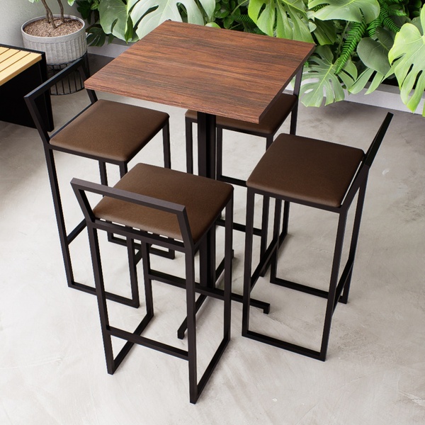 Conjunto Mesa Alta Bar Bistrô Quadrada Imbuia 4 Banquetas Con