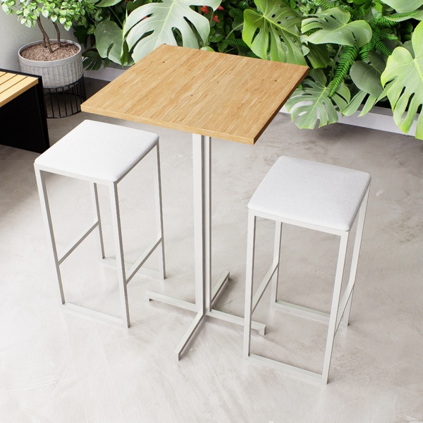 Conjunto Mesa Alta Bar Bistrô Quadrada Pinus 2 Bancos Estofad