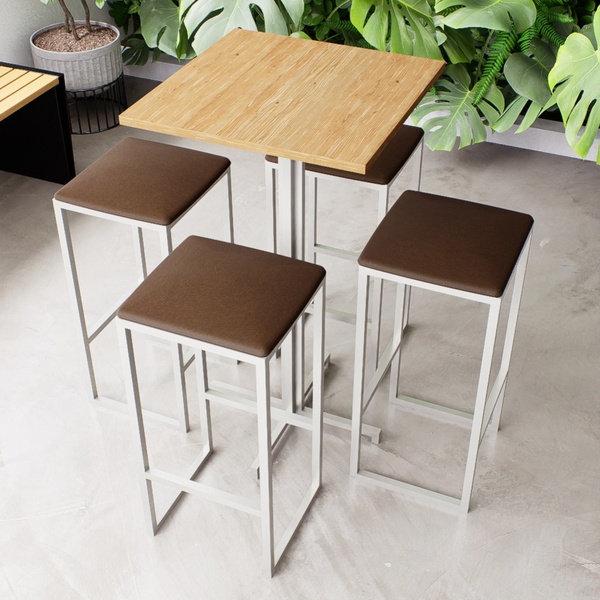 Conjunto Mesa Alta Bar Bistrô Quadrada Pinus 4 Bancos Estofad