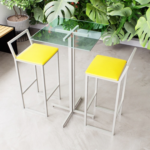 Conjunto Mesa Alta Bar Bistrô Quadrada Vidro 2 Banquetas Conf