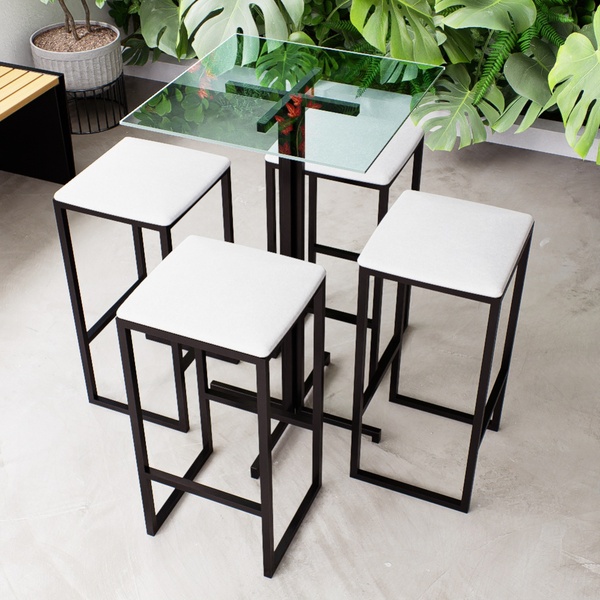 Conjunto Mesa Alta Bar Bistrô Quadrada Vidro 4 Bancos Estofad