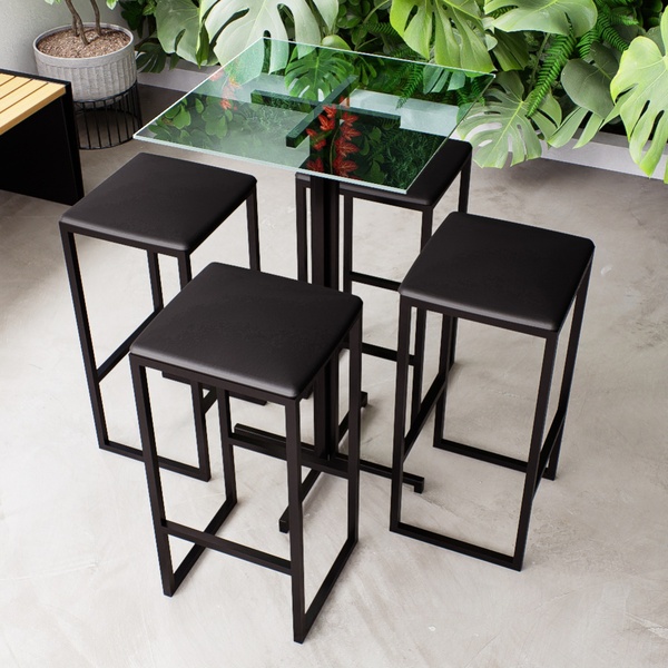 Conjunto Mesa Alta Bar Bistrô Quadrada Vidro 4 Bancos Estofad