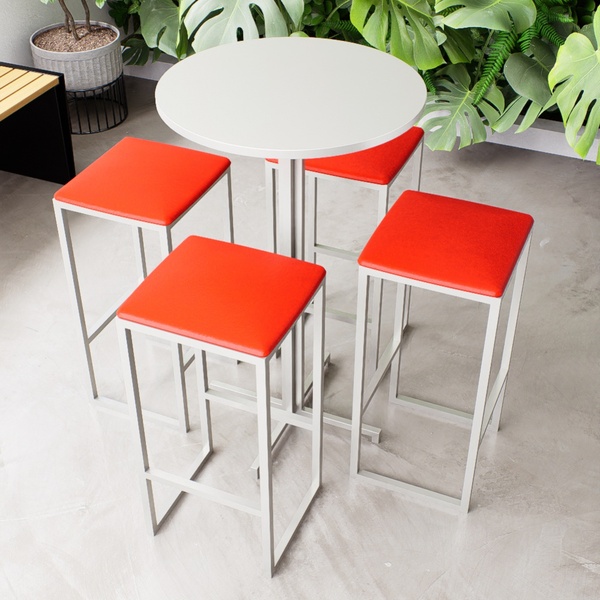 Conjunto Mesa Alta Bar Bistrô Redonda Branca 4 Bancos Estofad