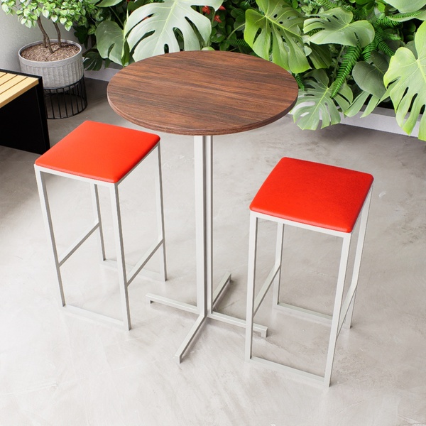 Conjunto Mesa Alta Bar Bistrô Redonda Imbuia 2 Bancos Estofad