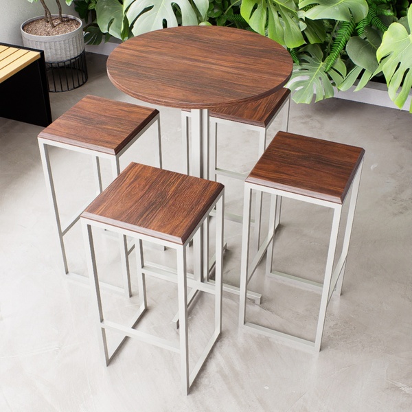 Conjunto Mesa Alta Bar Bistrô Redonda Imbuia 4 Bancos Industr
