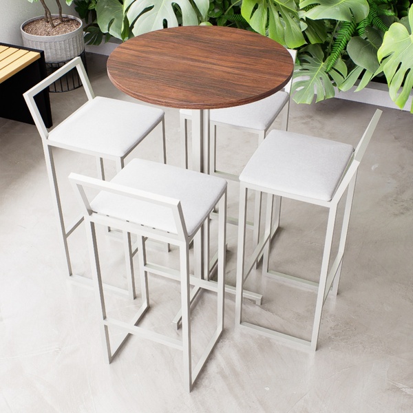 Conjunto Mesa Alta Bar Bistrô Redonda Imbuia 4 Banquetas Conf