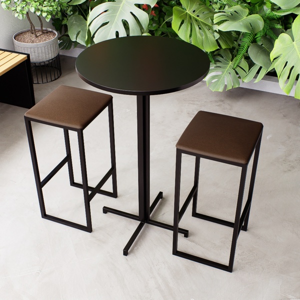 Conjunto Mesa Alta Bar Bistrô Redonda Preta 2 Bancos Estofado