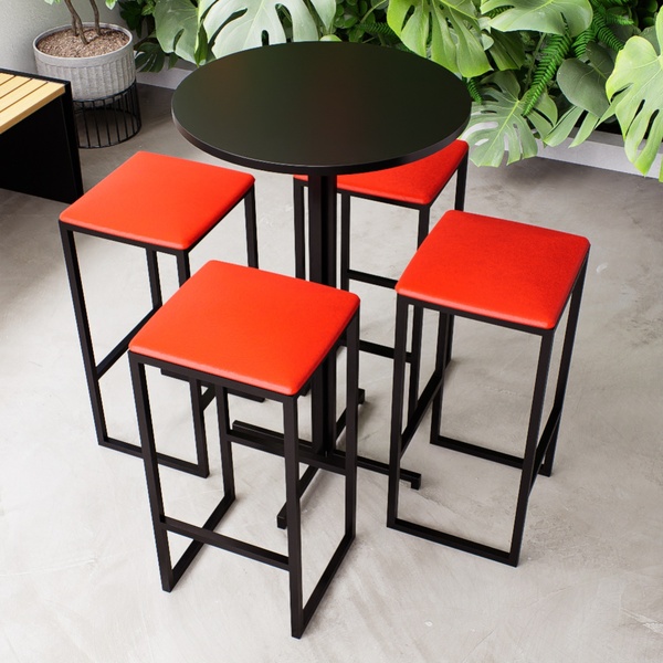 Conjunto Mesa Alta Bar Bistrô Redonda Preta 4 Bancos Estofado
