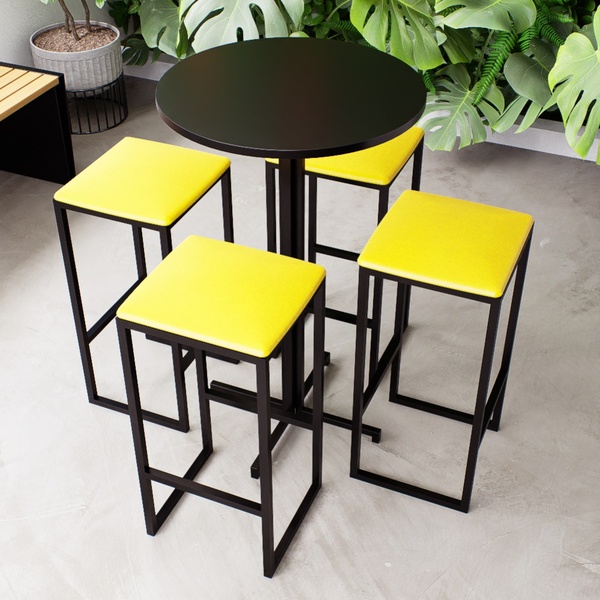 Conjunto Mesa Alta Bar Bistrô Redonda Preta 4 Bancos Estofado