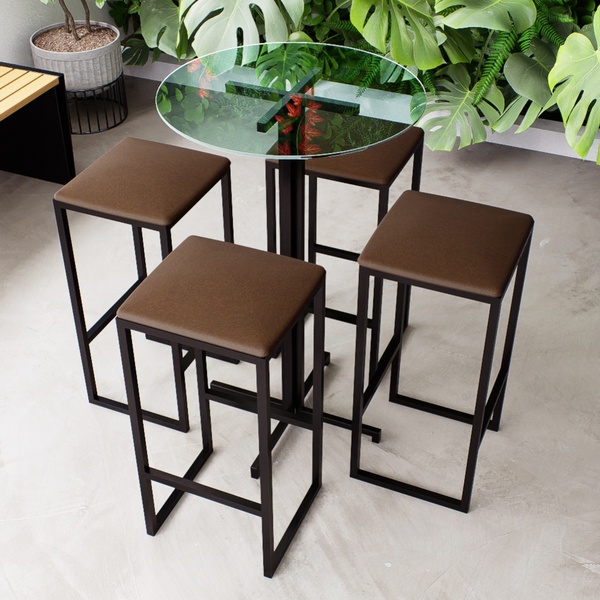 Conjunto Mesa Alta Bar Bistrô Redonda Vidro 4 Bancos Estofado