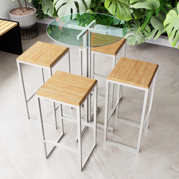 Conjunto Mesa Alta Bar Bistrô Redonda Vidro 4 Bancos Pinus In