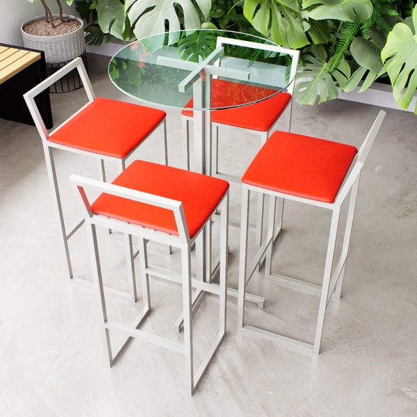 Conjunto Mesa Alta Bar Bistrô Redonda Vidro 4 Banquetas Confo