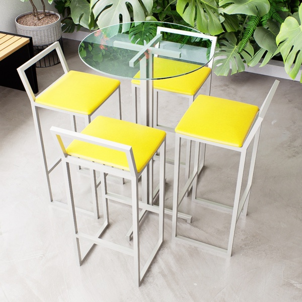 Conjunto Mesa Alta Bar Bistrô Redonda Vidro 4 Banquetas Confo