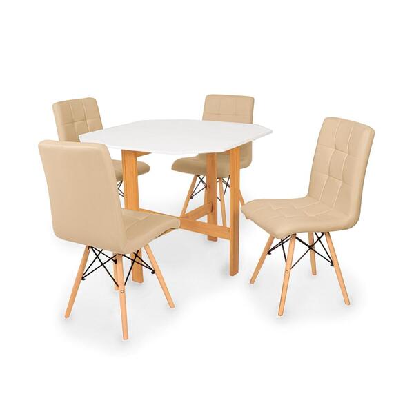 Conjunto Mesa Aparador Branca + 4 Cadeiras Gomos - Nude