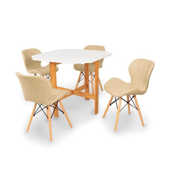 Conjunto Mesa Aparador Branca + 4 Cadeiras Slim - Nude