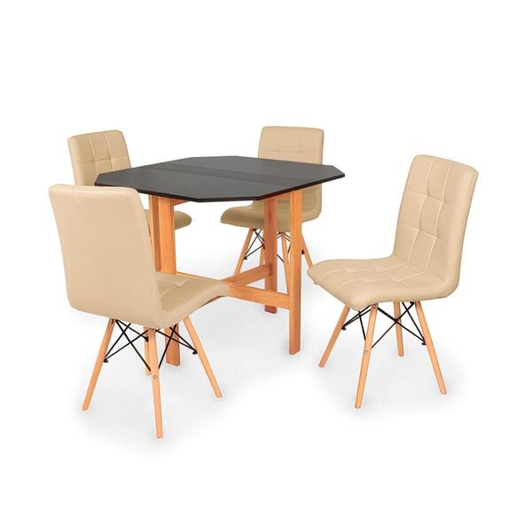 Conjunto Mesa Aparador Preta + 4 Cadeiras Gomos - Nude