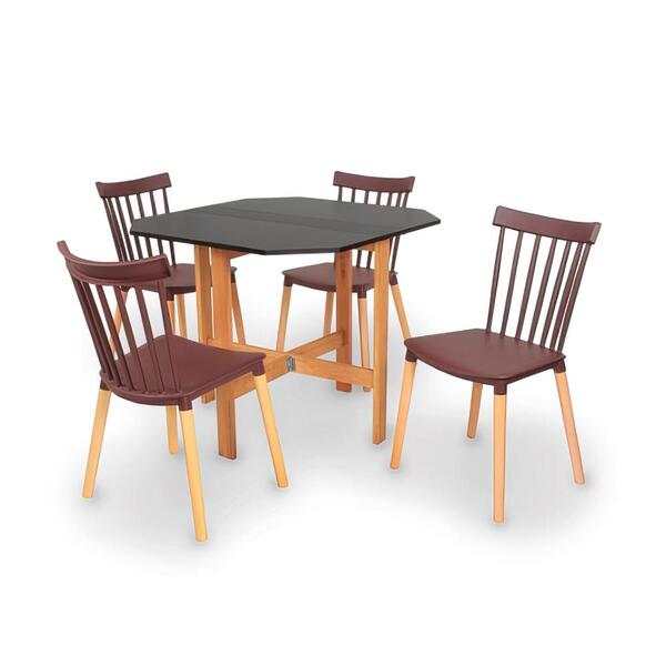 Conjunto Mesa Aparador Preta + 4 Cadeiras Windsor - Marrom
