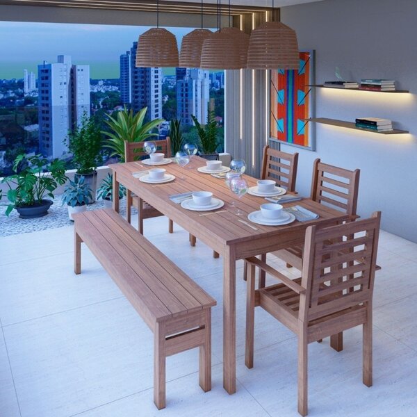 Conjunto Mesa, Banco E 4 Cadeiras Madeira Maciça  Madeira