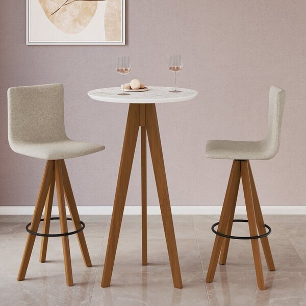 Conjunto Mesa Bistrô Com Tampo Redondo Em Bp Marmore, Pés Mad