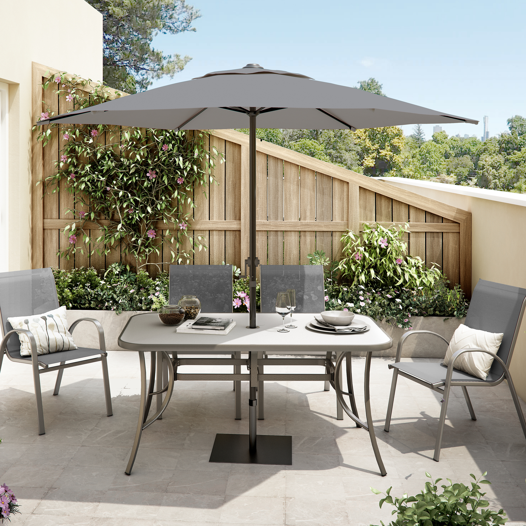 Conjunto para Jardim Mesa, Cadeira e Ombrelone 6 Lugares Aço Cinza Alma Naterial