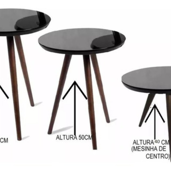 Conjunto Mesa Canto  Laqueado Redonda 3 Un.  Preto