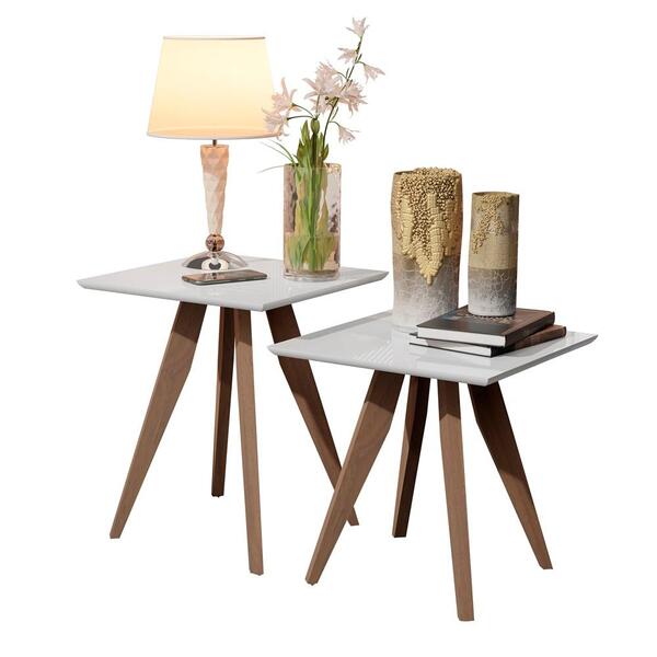 Conjunto Mesa Classic Lateral Quadrado Branco Pés De Eucalipt
