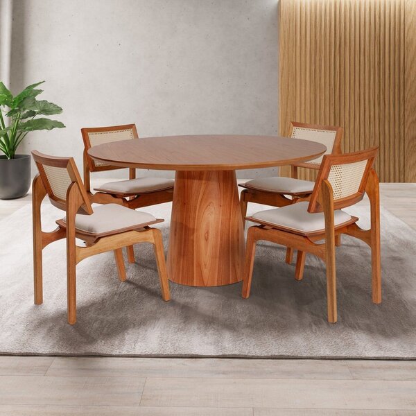 Conjunto Mesa Com 4 Cadeiras De Madeira Maciça Rattan Natural