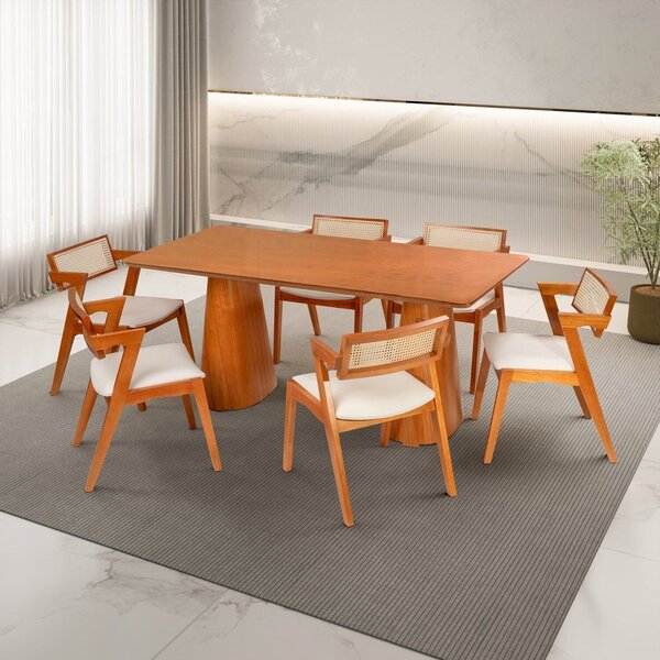 Conjunto Mesa Com 6 Cadeiras Em Madeira Maciça Natural E Esto