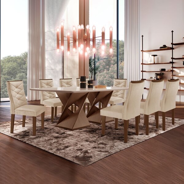Conjunto Mesa Com Vidro E 8 Cadeiras 200cmx90cm Barcelona Yes