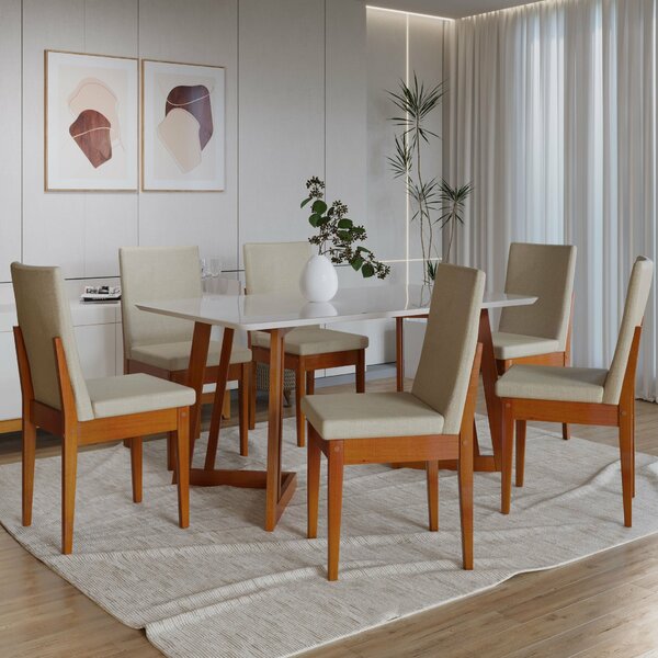 Conjunto Mesa Com Vidro Pés Madeira Maciça 6 Cadeiras Madeira