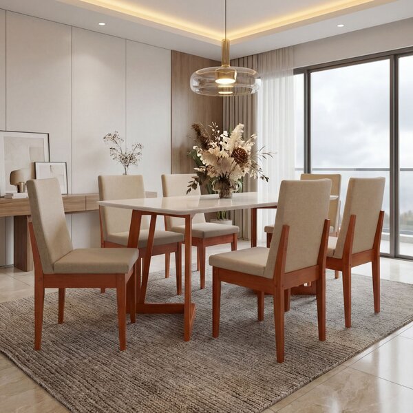 Conjunto Mesa Com Vidro Pés Madeira Maciça 6 Cadeiras Madeira