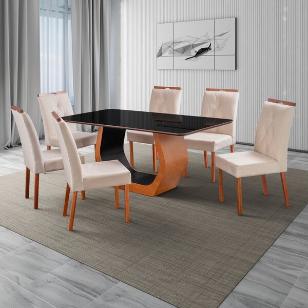 Conjunto Mesa Cristal Com 6 Cadeiras De Madeira Maciça E Esto