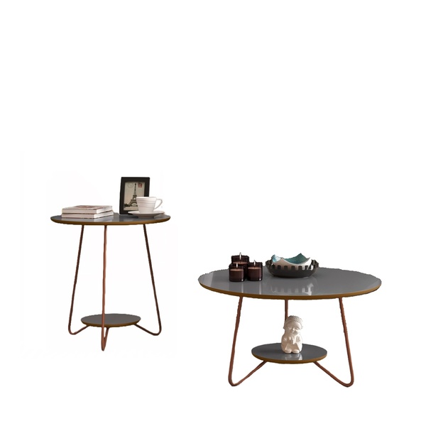 Conjunto Mesa De Centro E Apoio Liz Cinza/Freijó – Ej Móveis