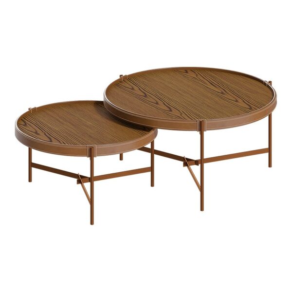 Conjunto Mesa De Centro Nezuko Base Cobre Tampo Freijó G29 -