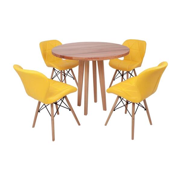 Conjunto Mesa De Jantar Em Madeira 90cm Com Base Vértice + 4