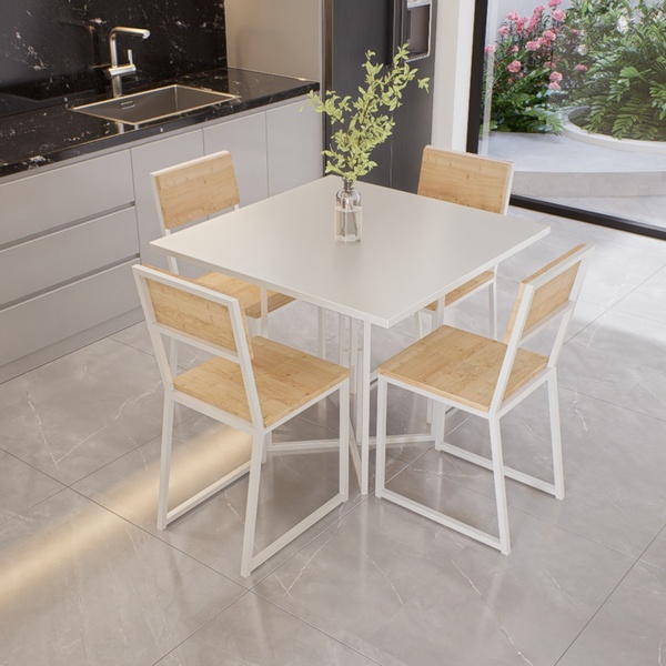 Conjunto Mesa De Jantar Quadrada Branca 4 Cadeiras Pinus Rivi