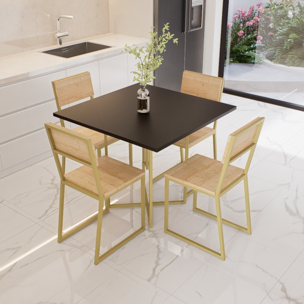 Conjunto Mesa De Jantar Quadrada Preta 4 Cadeiras Pinus Rivie
