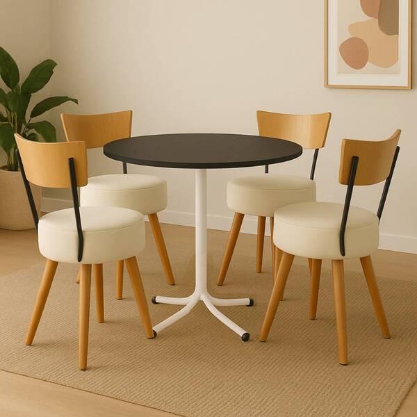 Conjunto Mesa De Jantar Redonda Branca Tampo Preto Com 4 Cade