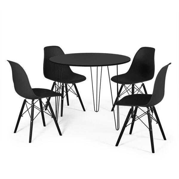 Conjunto Mesa De Jantar Redonda Hairpin 90cm Preta Com 3 Pés