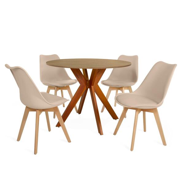 Conjunto Mesa De Jantar Redonda Marci 100cm Natural Com 4 Cad