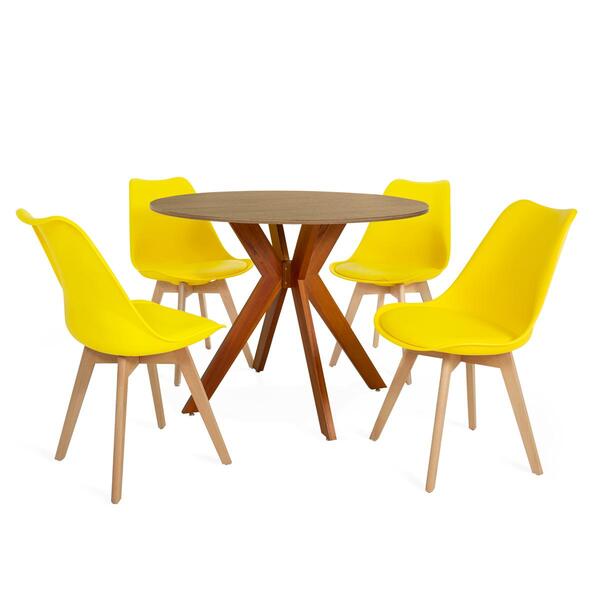 Conjunto Mesa De Jantar Redonda Marci 100cm Natural Com 4 Cad